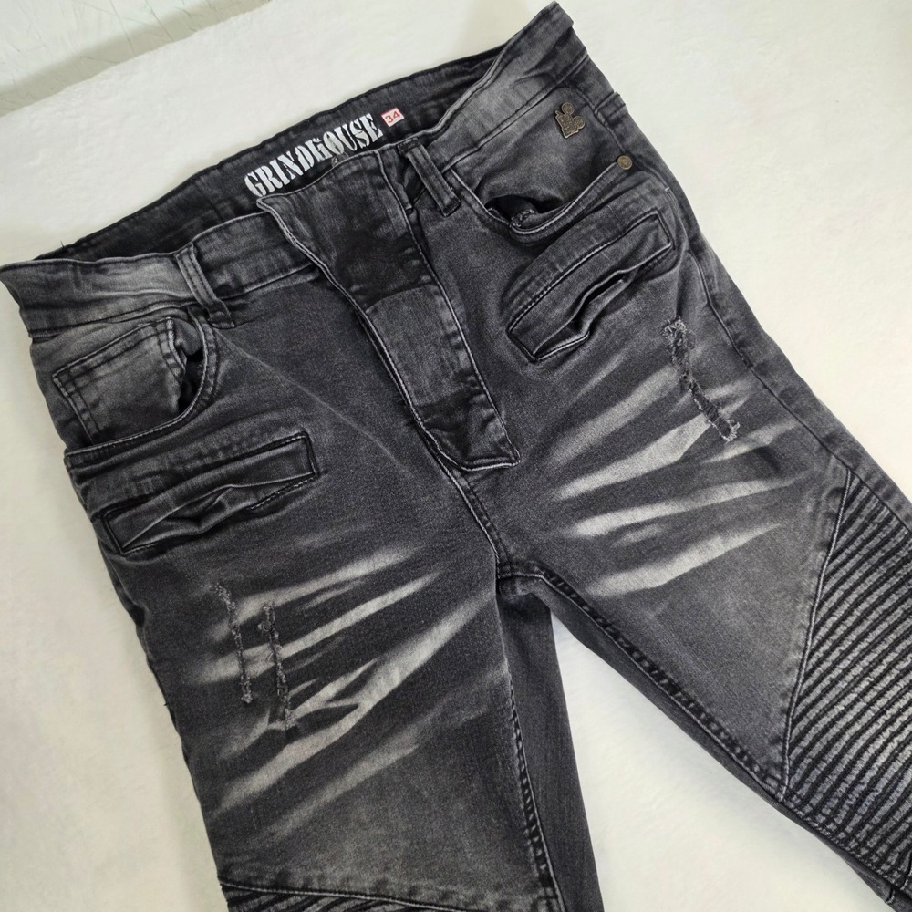 Grindhouse Denim Mens Moto Biker Jeans Faded Black Distressed Slim Fit Size 34